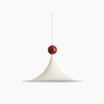 Kinvara white and red pendant light with trumpet-shaped shade and glossy red spherical accent, overhead view