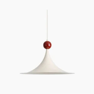 Kinvara white and red pendant light with trumpet-shaped shade and glossy red spherical accent, overhead view