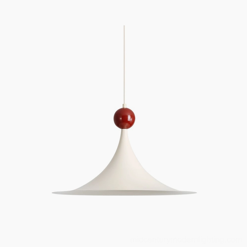 Kinvara white and red pendant light with trumpet-shaped shade and glossy red spherical accent, overhead view