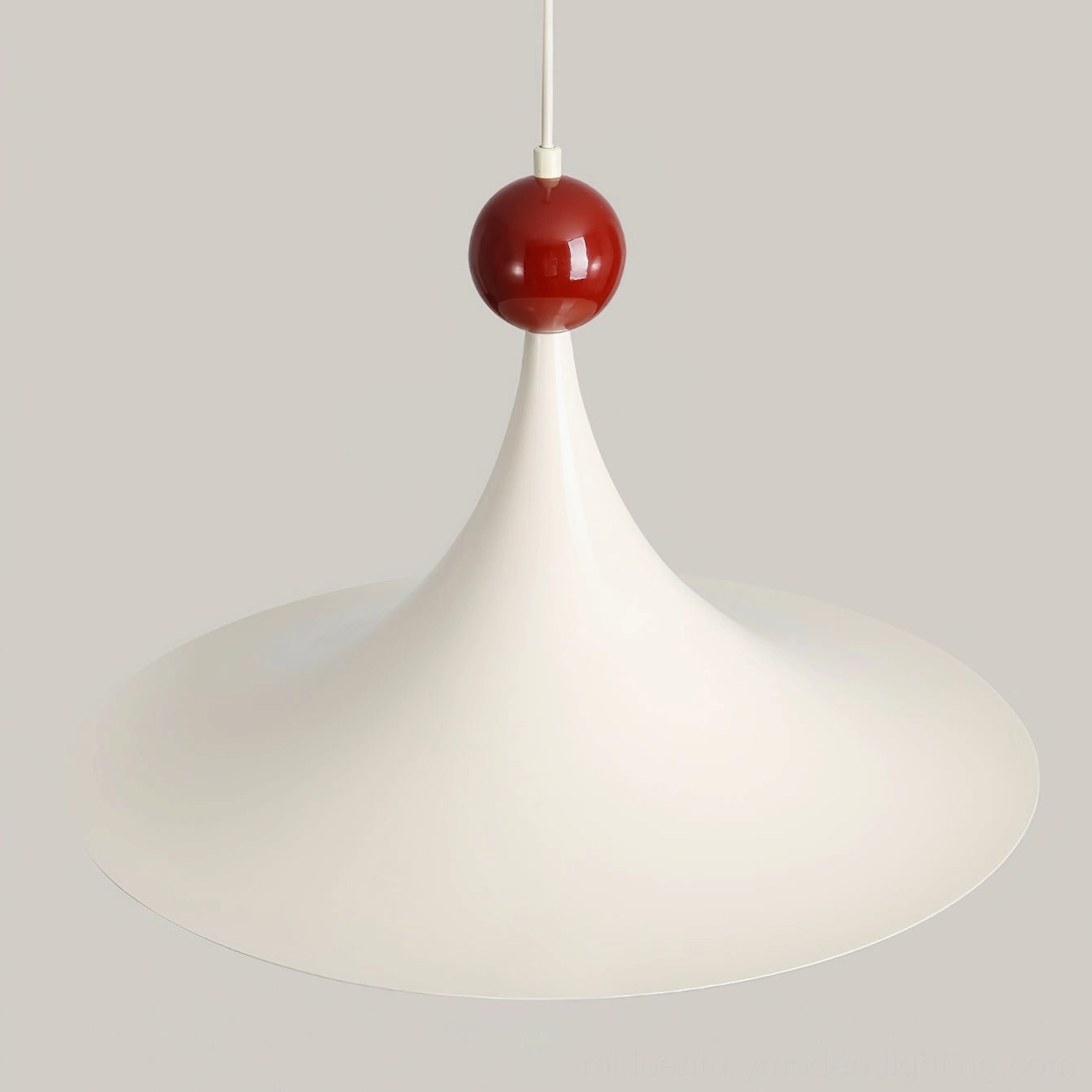 Three-quarter front view of Kinvara white pendant light with wide flared shade and smooth matte finish