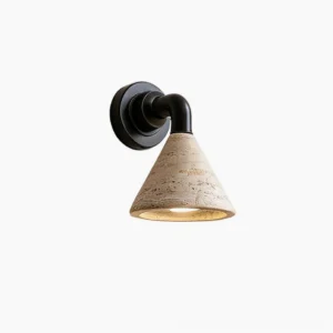 Kiran travertine wall sconce with natural stone cone shade and metal frame, front studio view on white background