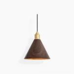 Kiven cone pendant light with walnut wood shade and brushed gold hardware, studio white background front view