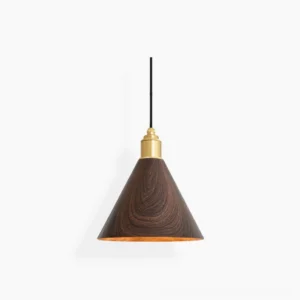 Kiven cone pendant light with walnut wood shade and brushed gold hardware, studio white background front view