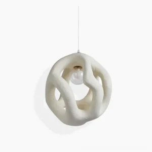 Kivi sculptural pendant light in off-white with handcrafted organic texture, studio front view