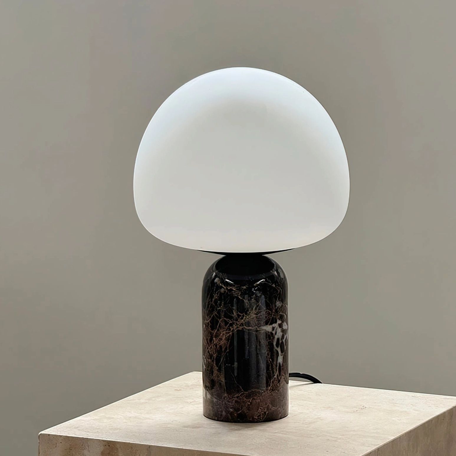 Kizu table lamp architectural detail of marble base and glass shade joinery