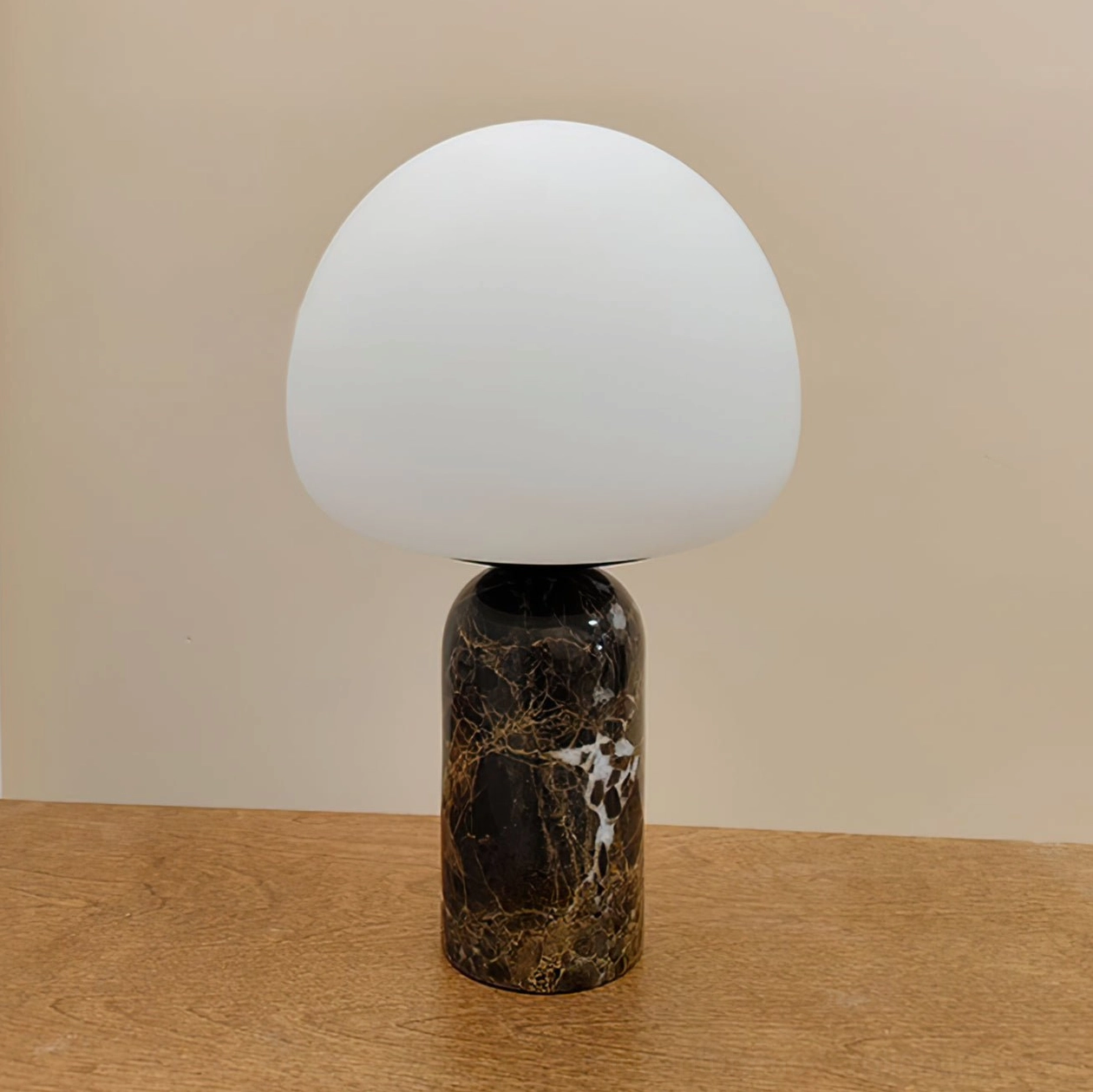 Single Kizu table lamp flat lay showing marble base veining and glass shade detail