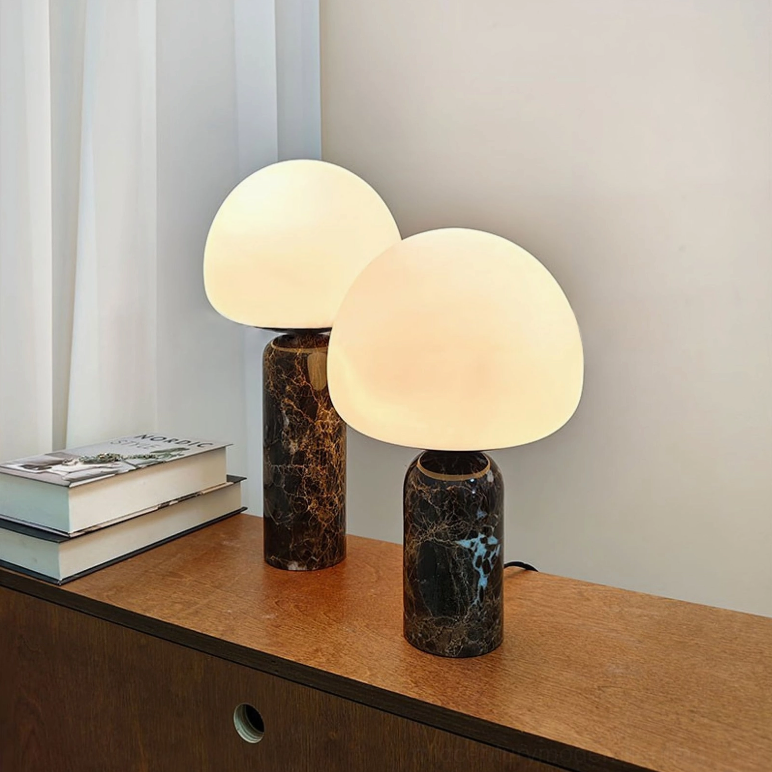Kizu modern marble table lamp, three-quarter view showing frosted glass shade and stone base