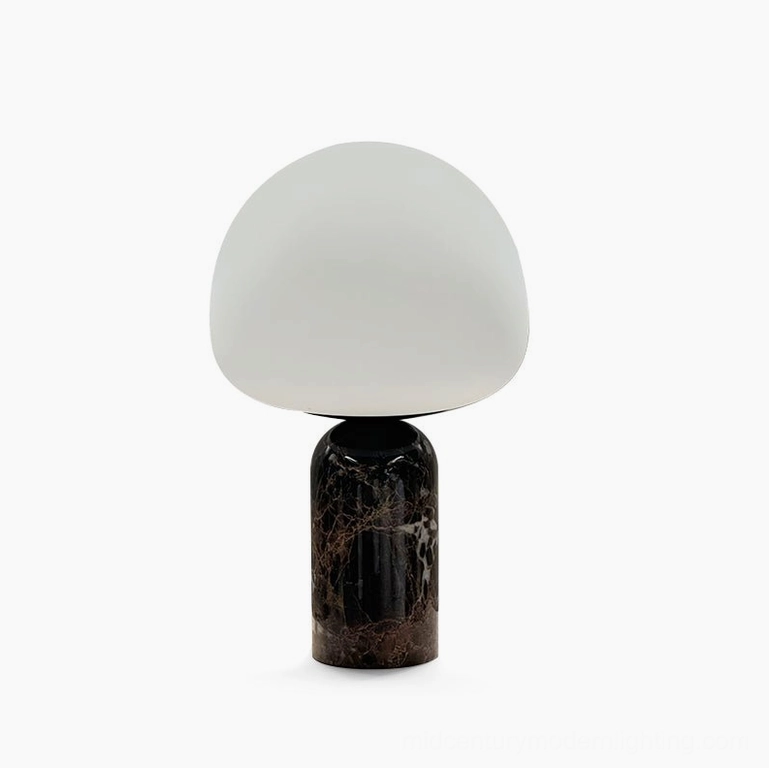 Kizu Model A compact marble table lamp with white glass shade, front view