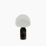 Kizu marble table lamp with white opal glass shade and dark brown marble base, front studio view