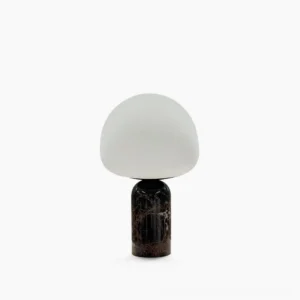 Kizu marble table lamp with white opal glass shade and dark brown marble base, front studio view