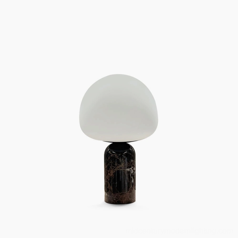 Kizu marble table lamp with white opal glass shade and dark brown marble base, front studio view