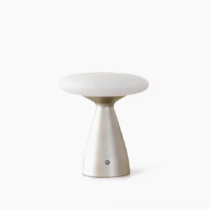 Klaus cordless LED table lamp with mushroom-shaped frosted glass shade and brushed nickel metal base on white background