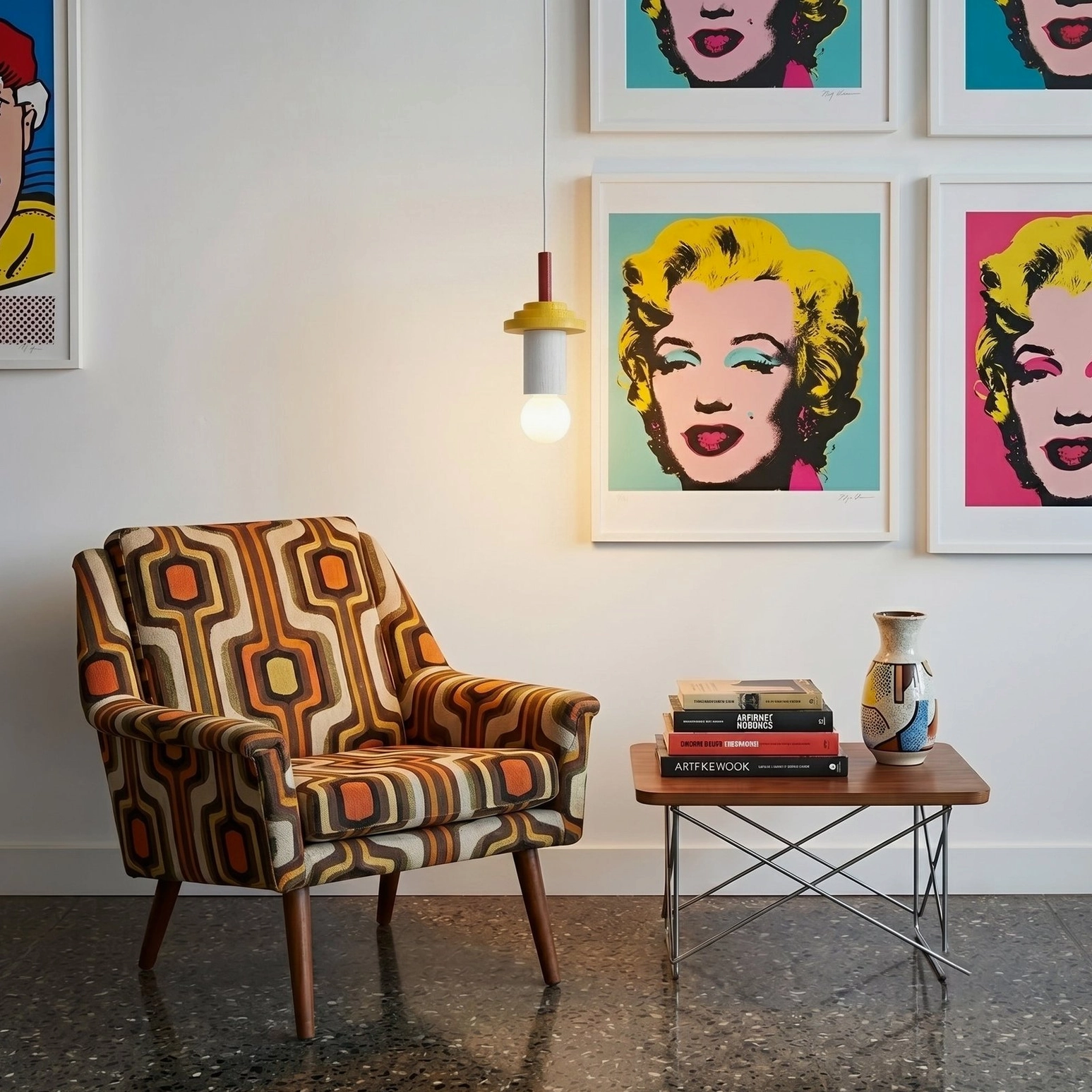 Small compact Klee geometric pendant light in pop art living room setting with colorful design