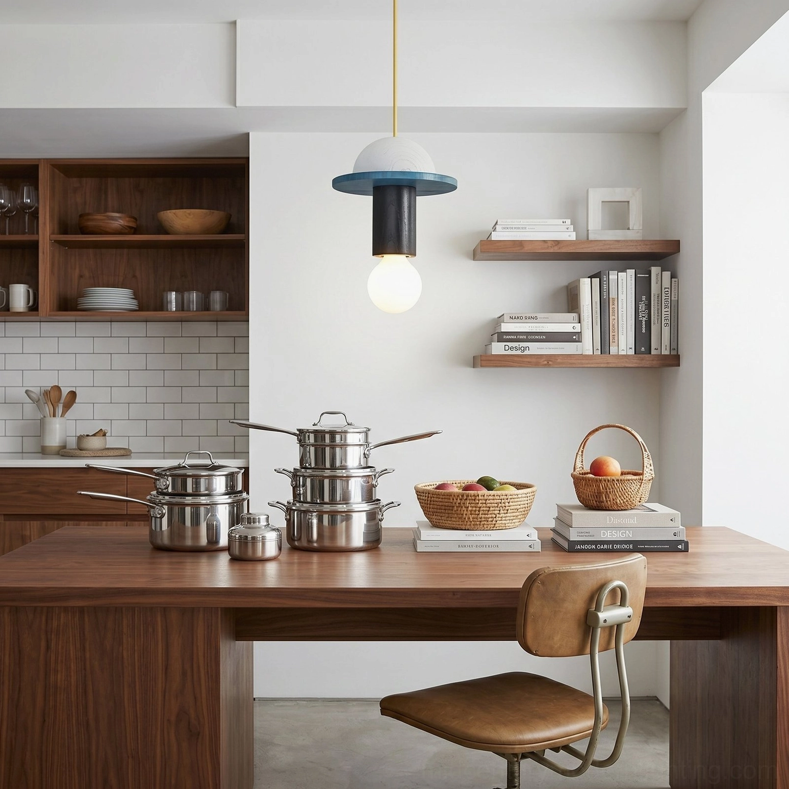 Single Klee geometric pendant lamp with black and blue dome shade in home kitchen workspace