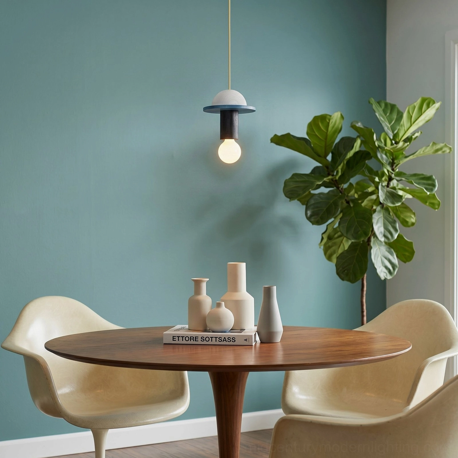 Klee geometric pendant light in minimalist dining nook with neutral mid-century modern style