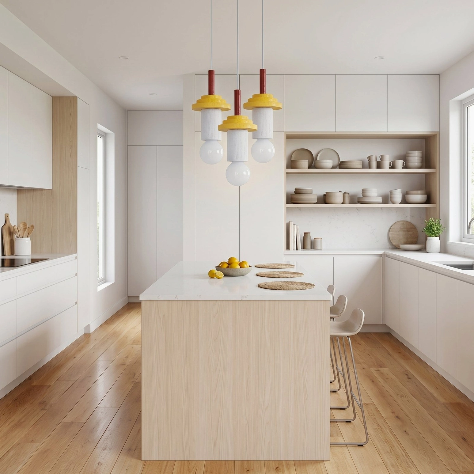 Klee geometric pendant lights cluster installation above modern white kitchen island with yellow and wood tones