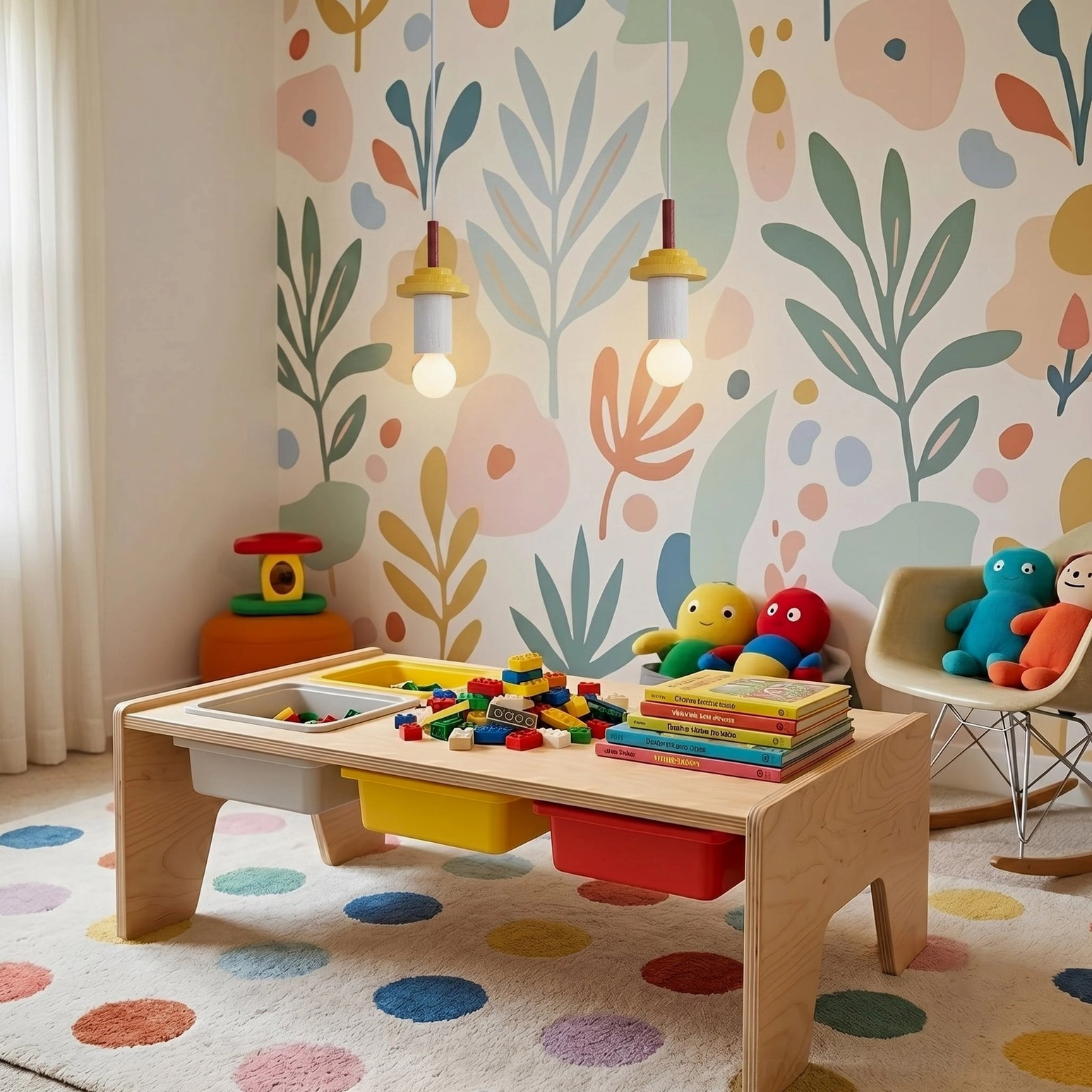 Two Klee geometric pendant lamps in playroom with botanical mural, soft modern design aesthetic