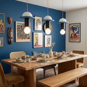 Multiple Klee pendant lights installed in retro dining room with dome shades in black, white, and wood tones