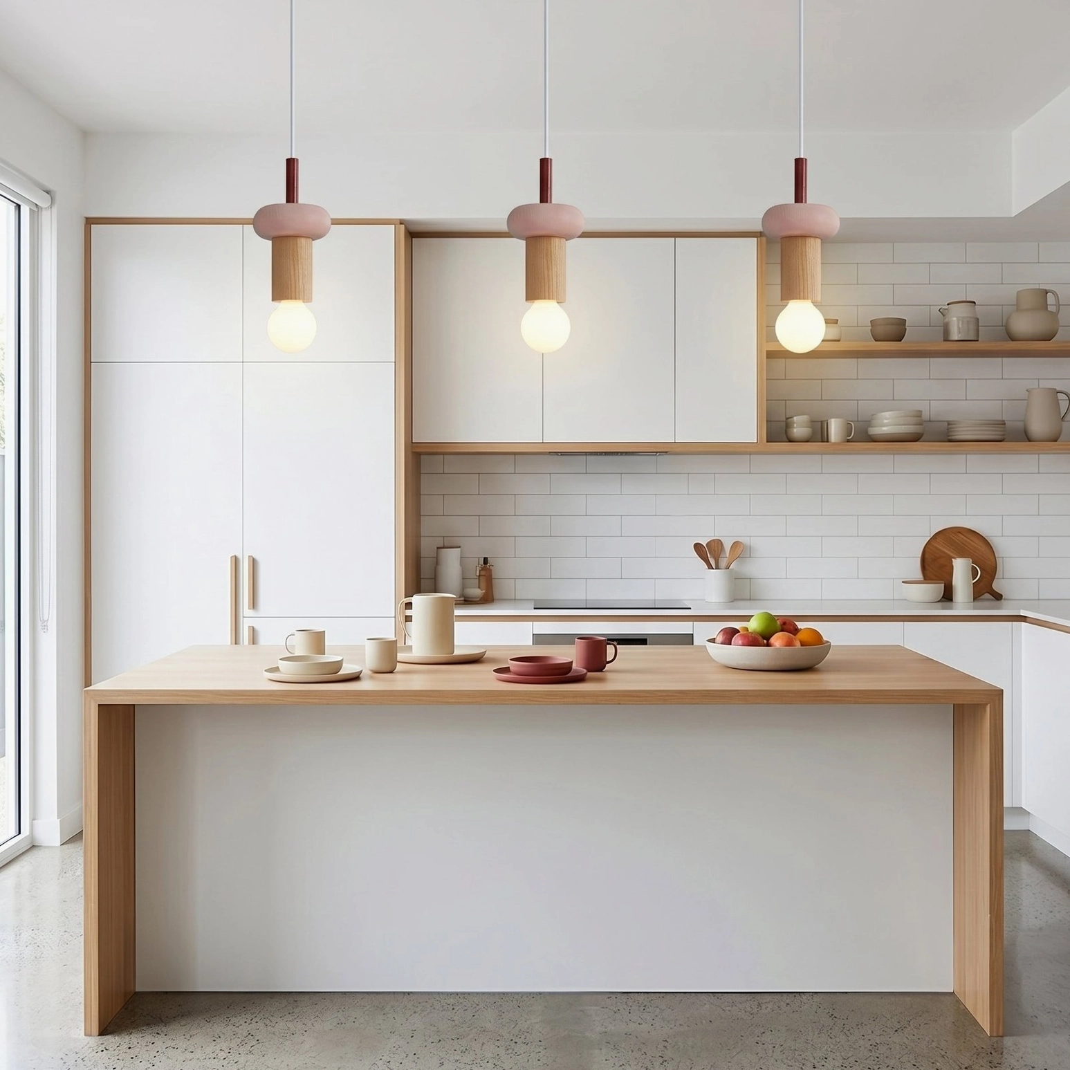 Three matching Klee geometric pendant lamps in wooden modern kitchen dining area with red and light brown palette