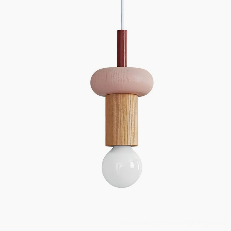 Klee pendant light Model B in red with color-blocked wood design and mid-century aesthetic