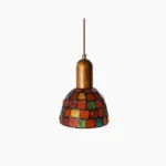Klima stained glass mosaic pendant light with multicolor glass tiles and walnut wood frame, studio shot