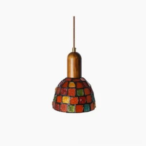 Klima stained glass mosaic pendant light with multicolor glass tiles and walnut wood frame, studio shot