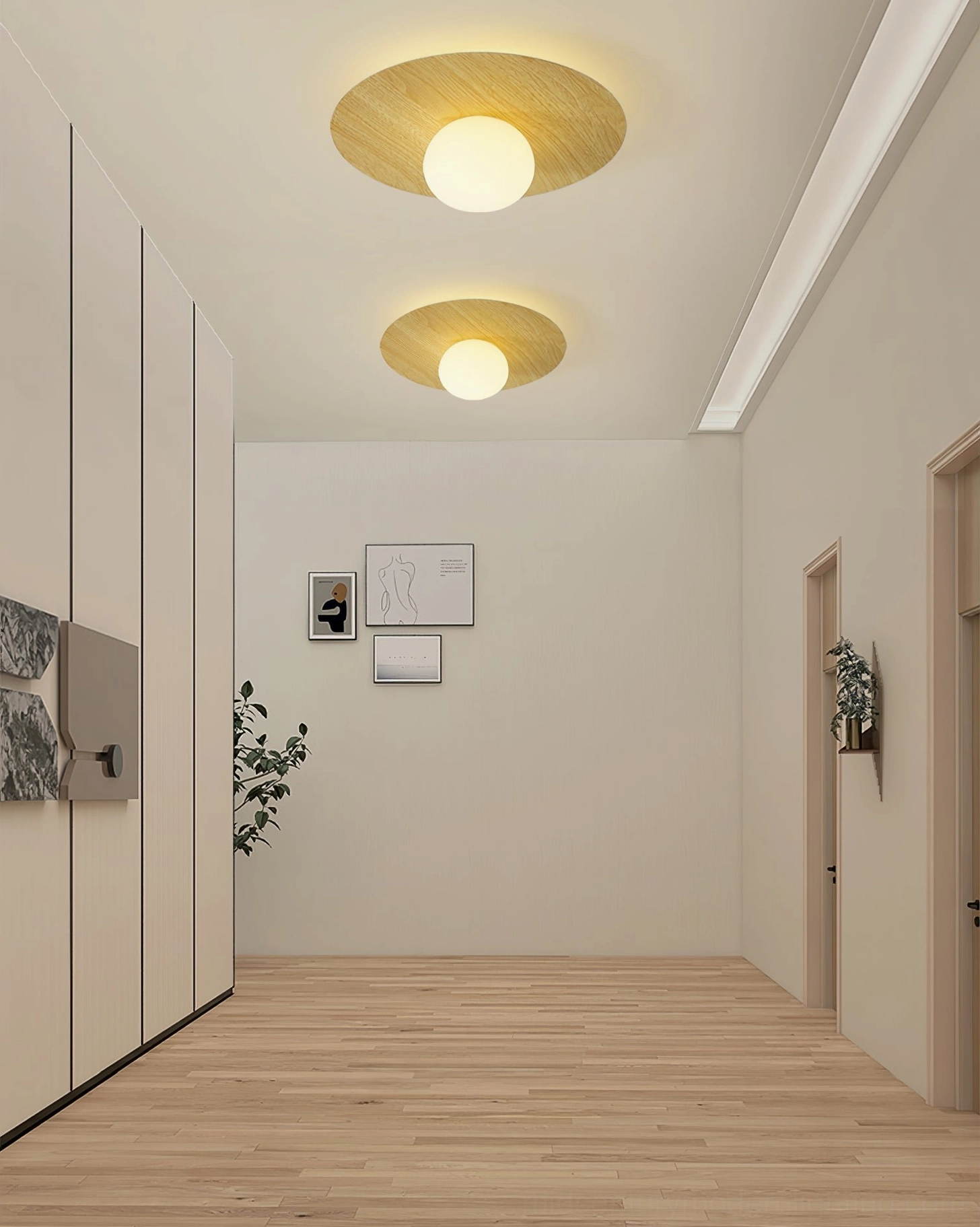 Set of 2 Knock flush mount ceiling lamps in apartment hallway, overhead minimalist lighting design