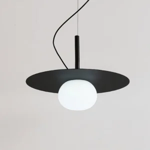 Black Knock pendant light with curved suspension cord, close-up detail shot showing minimalist design