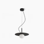 Modern minimalist black disc pendant light with frosted white spherical glass globe, frontal studio view