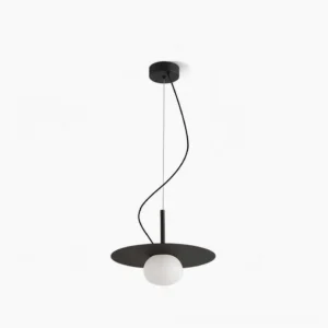 Modern minimalist black disc pendant light with frosted white spherical glass globe, frontal studio view