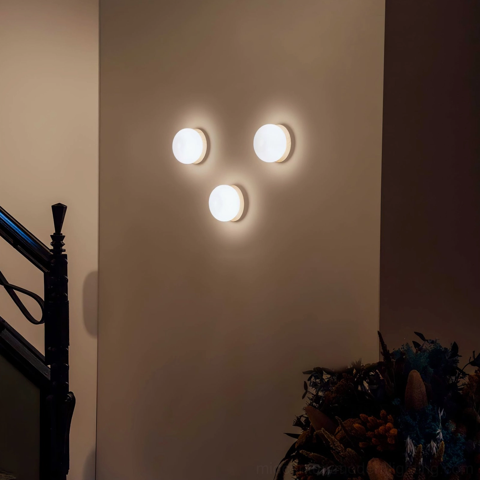 Knock wall sconce with integrated LED light source, modern energy efficient lamp technology detail