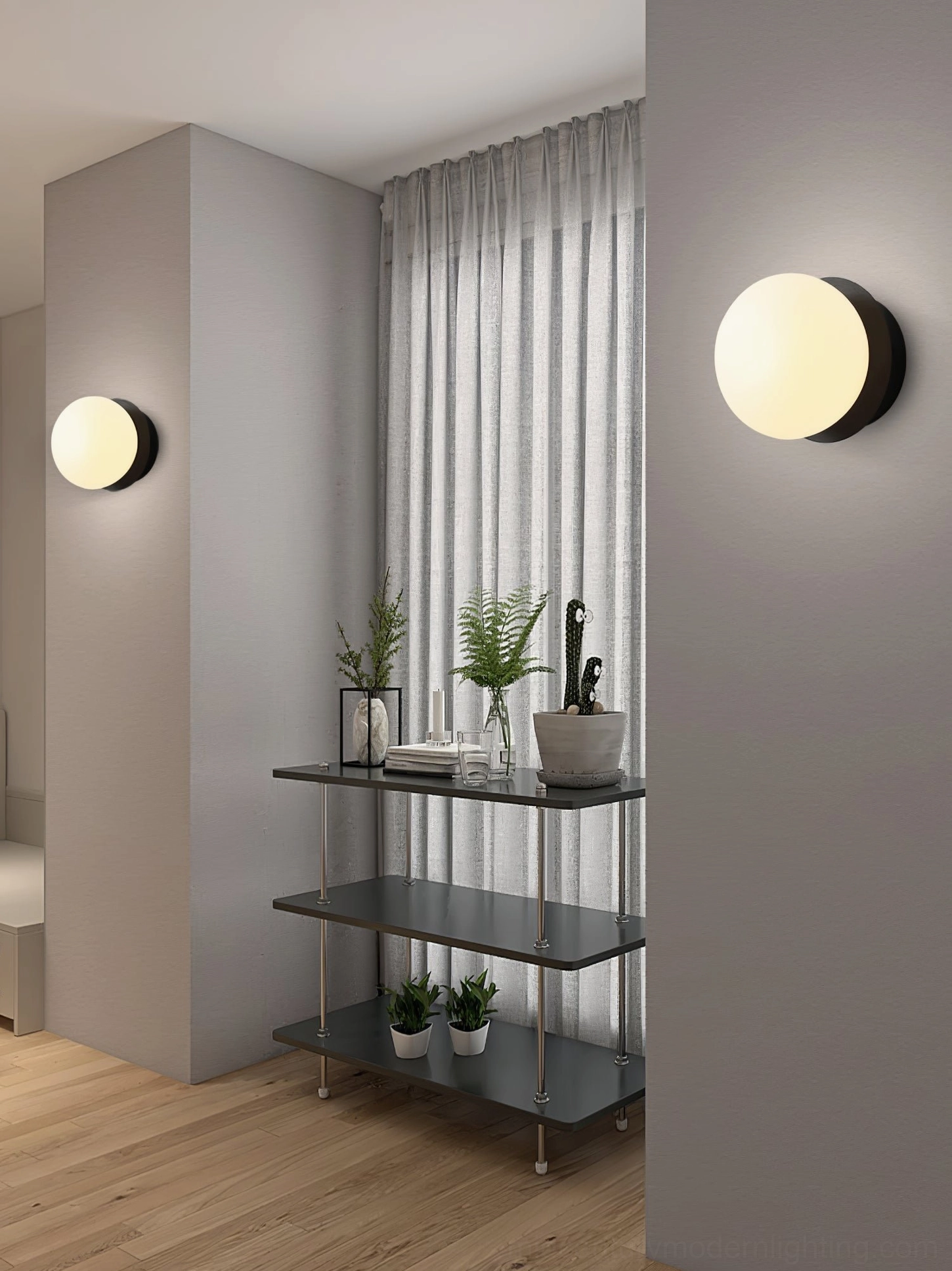 Knock Model B large round wall lamp in modern interior hallway, statement size minimalist sconce