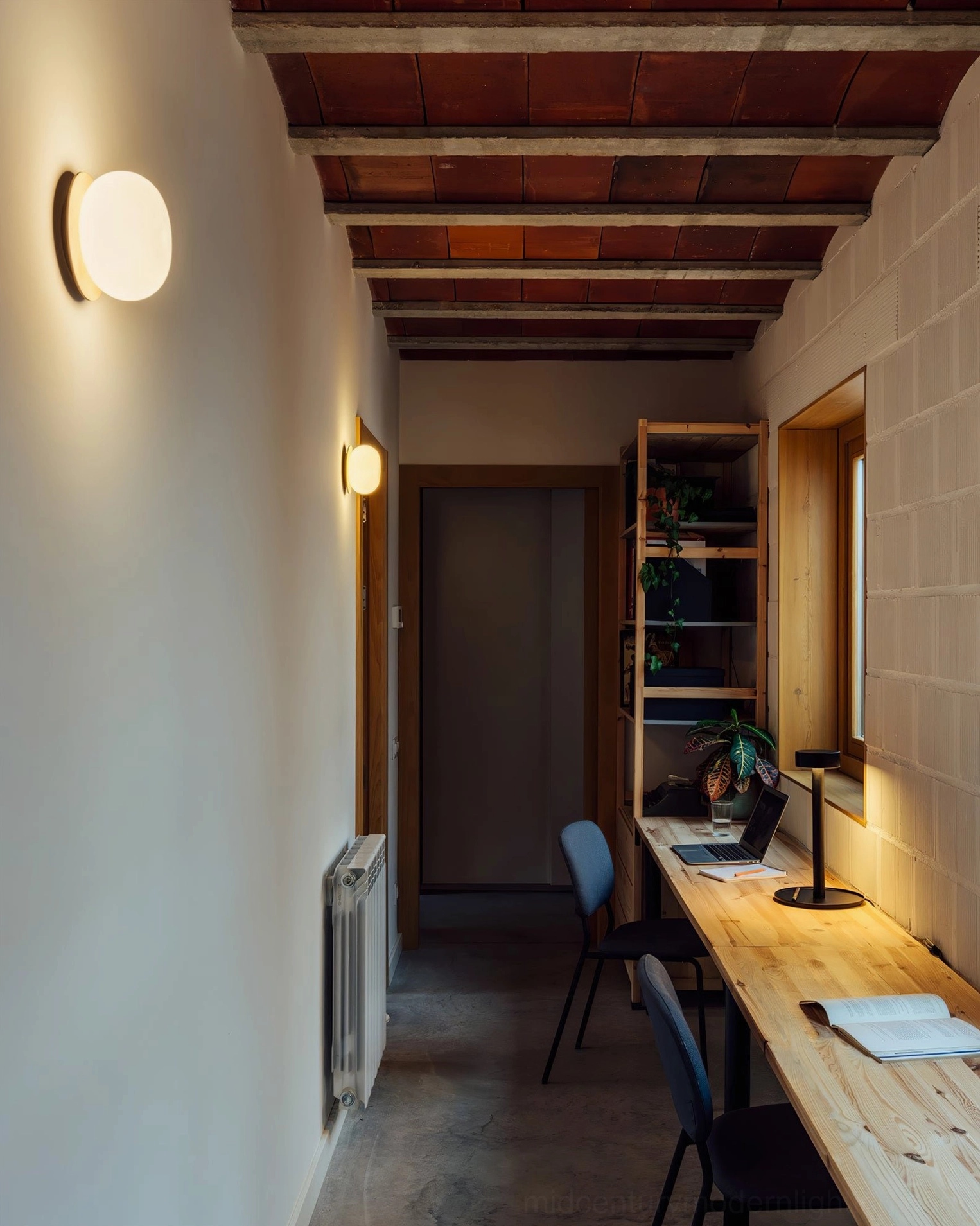 Dual Knock wall lamps mounted in home office corridor, minimalist sconce lighting for modern workspace