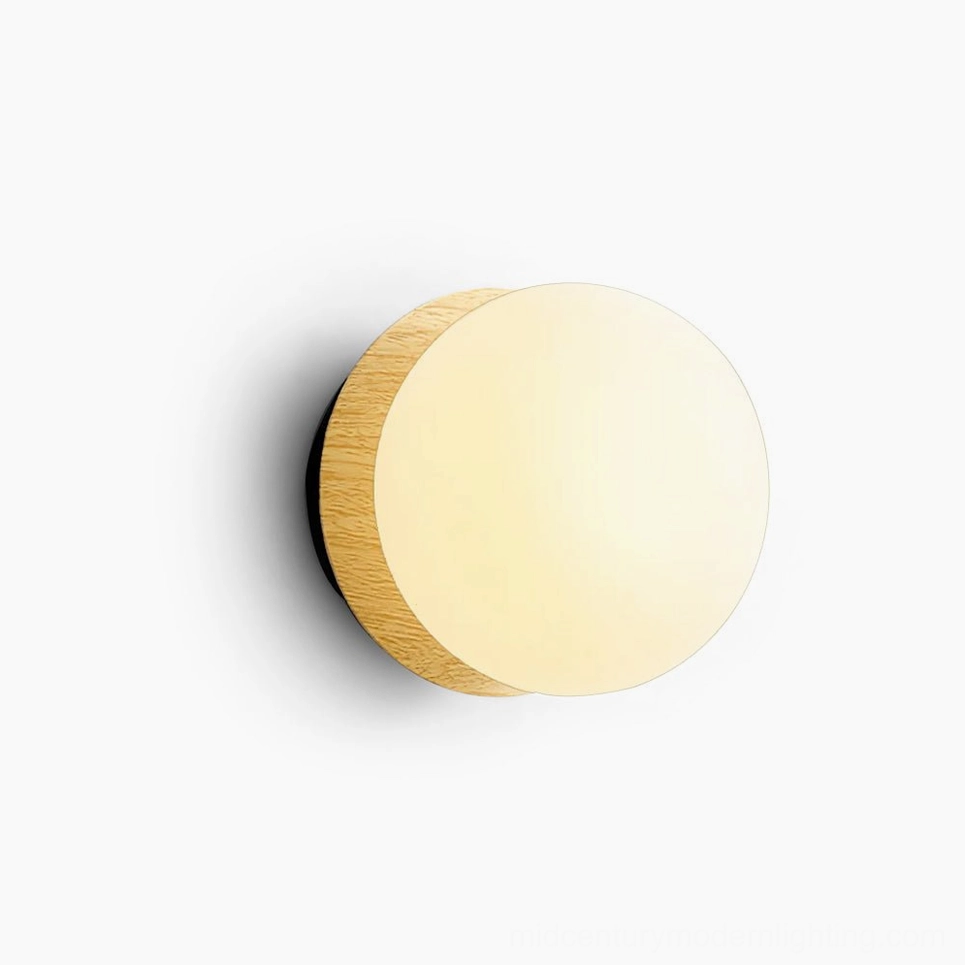 Knock minimalist round wall lamp with satin opal glass diffuser, frosted glass finish, front view studio shot