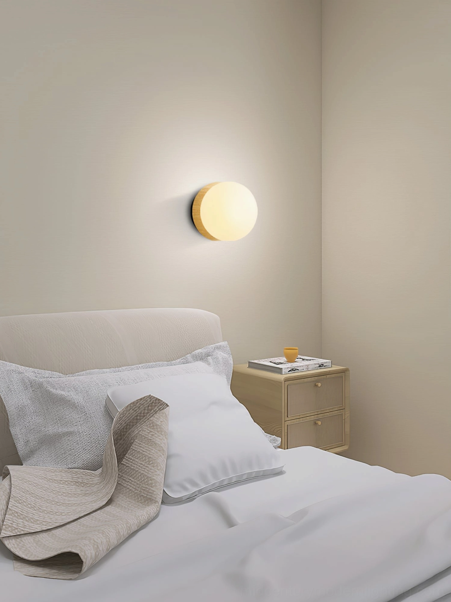 Knock small round wall sconce mounted on stair landing, light wood finish minimalist design