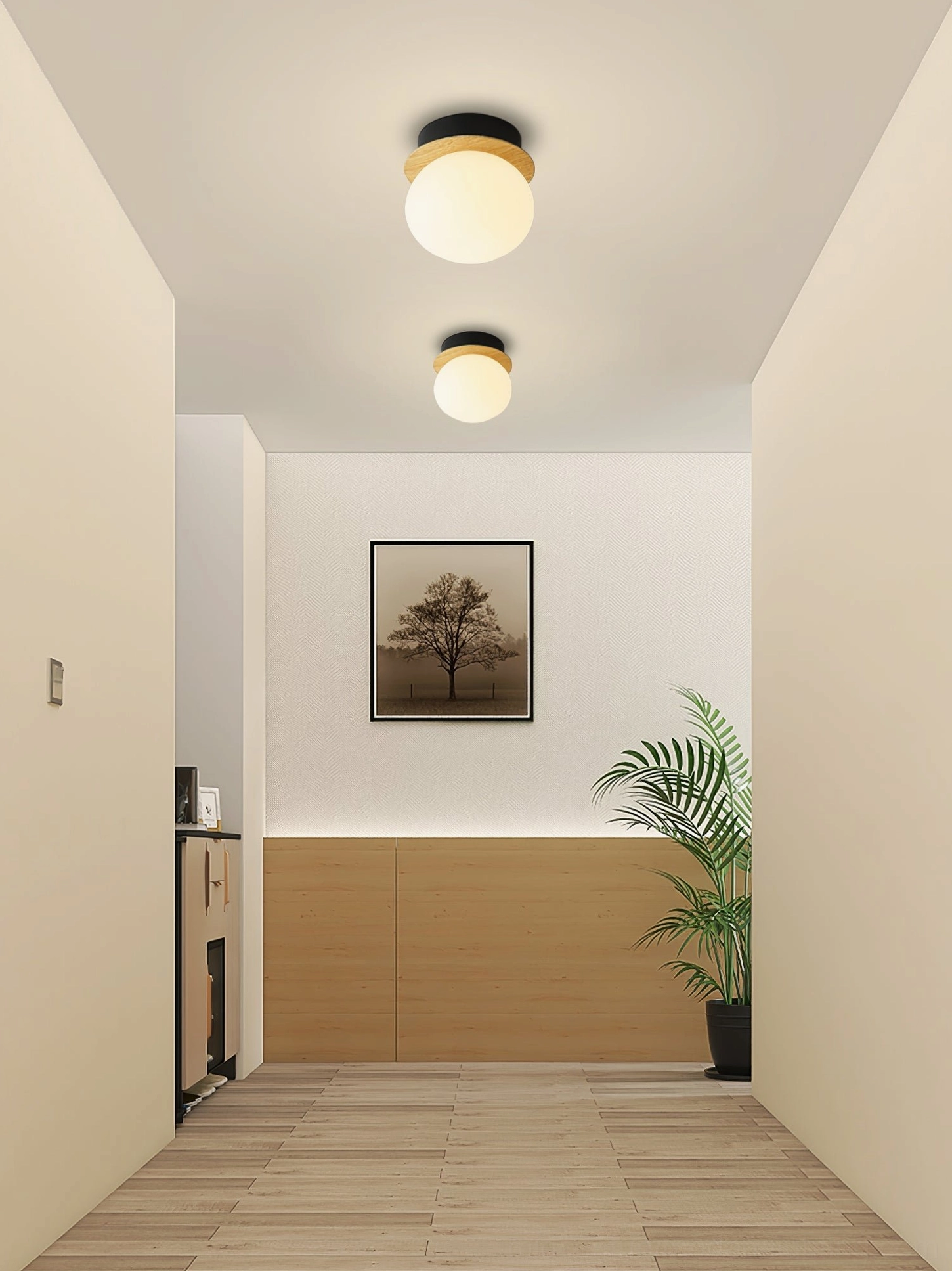 Knock round wall lamp three color finishes comparison, black white wood color options side by side