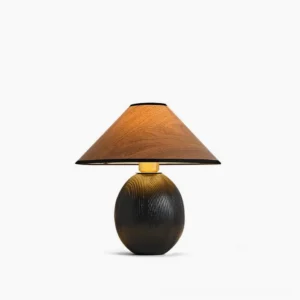 Kodu spherical table lamp with ebonized wood base and wood-grain paper shade, full frontal view against white studio background