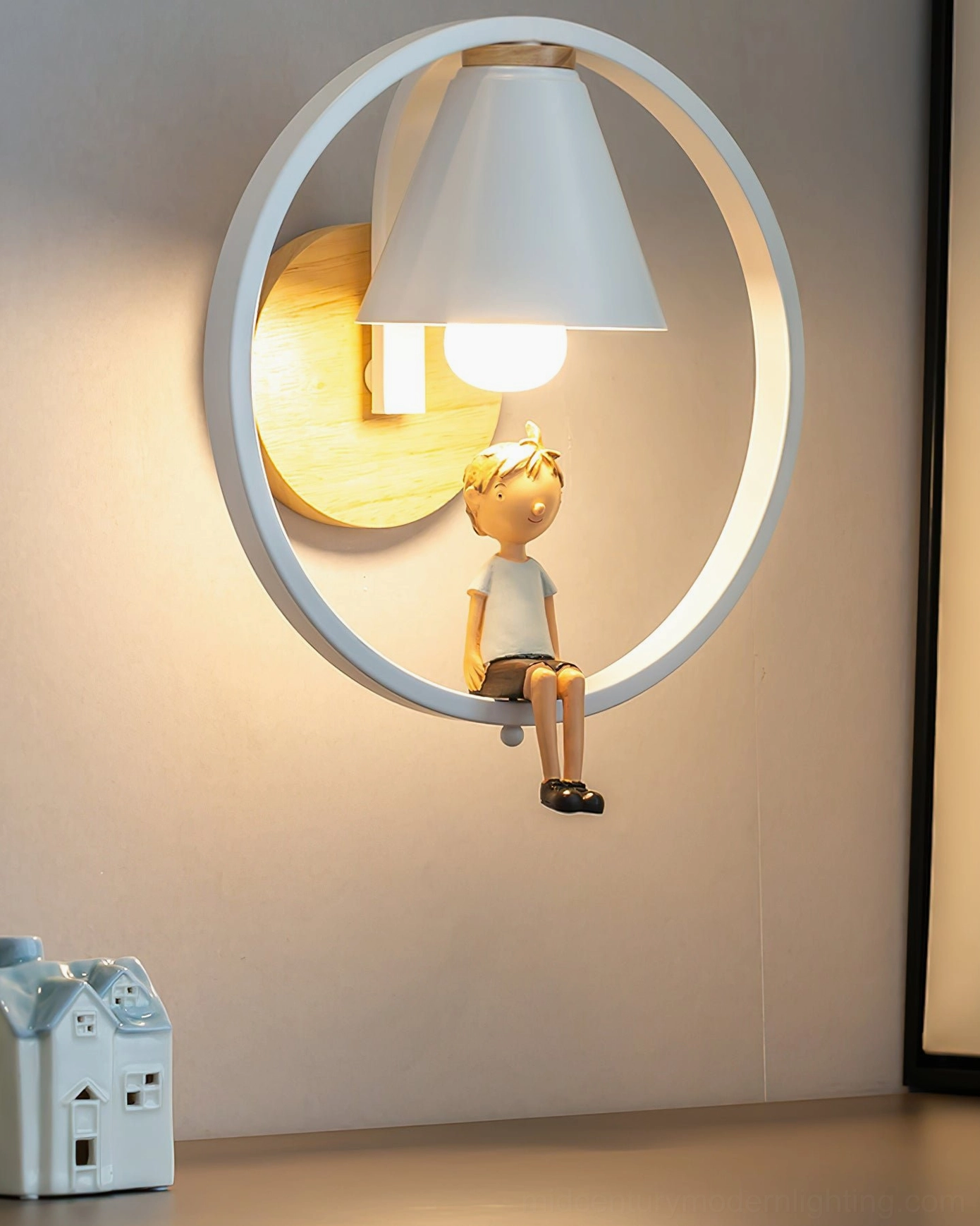 Kona boy-themed wooden wall sconce front view with white circular metal ring frame and natural wood base accent