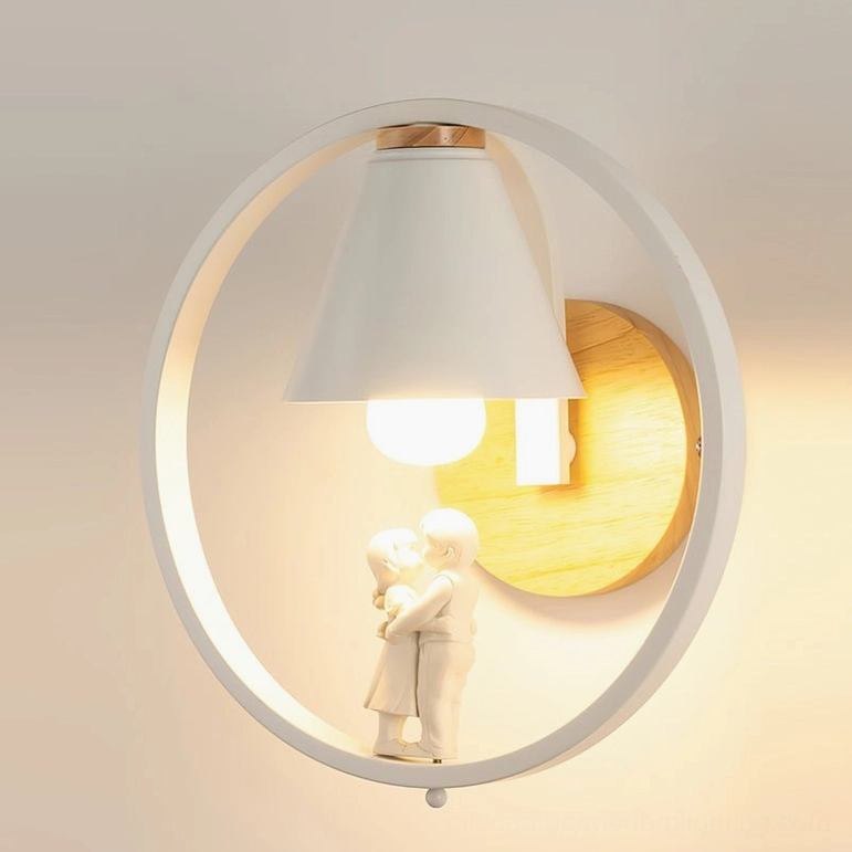 Kona girl-themed wall lamp in white metal frame with solid wood base, mounted on warm interior wall background