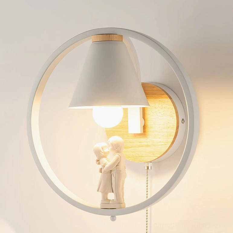 Kona Model A wall sconce sitting boy figurine accent, white metal circular frame with natural wood base