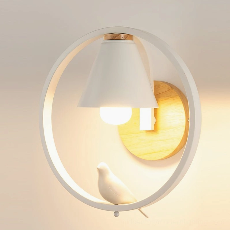 Kona wall sconce Model A design in white and natural wood finish, minimalist circular frame with wood base