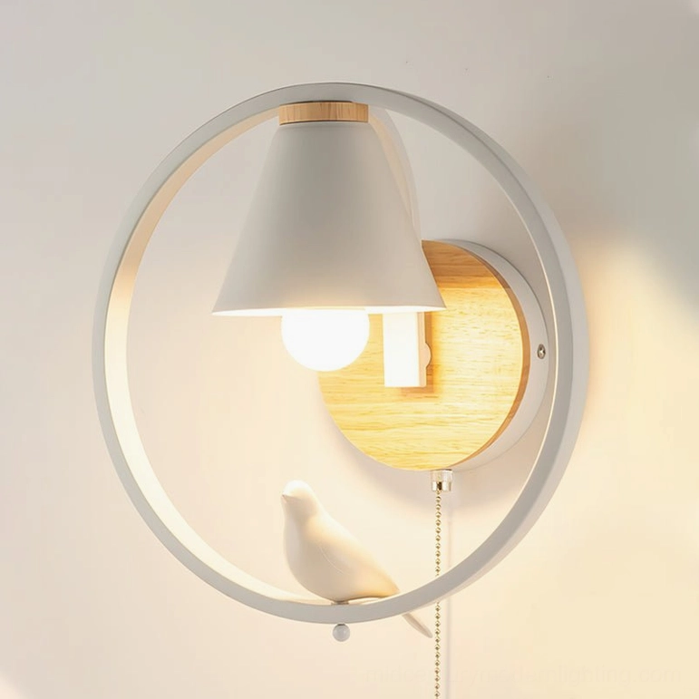 Kona Model A wall sconce with pull-chain zipper switch detail, wood and white metal frame Nordic design