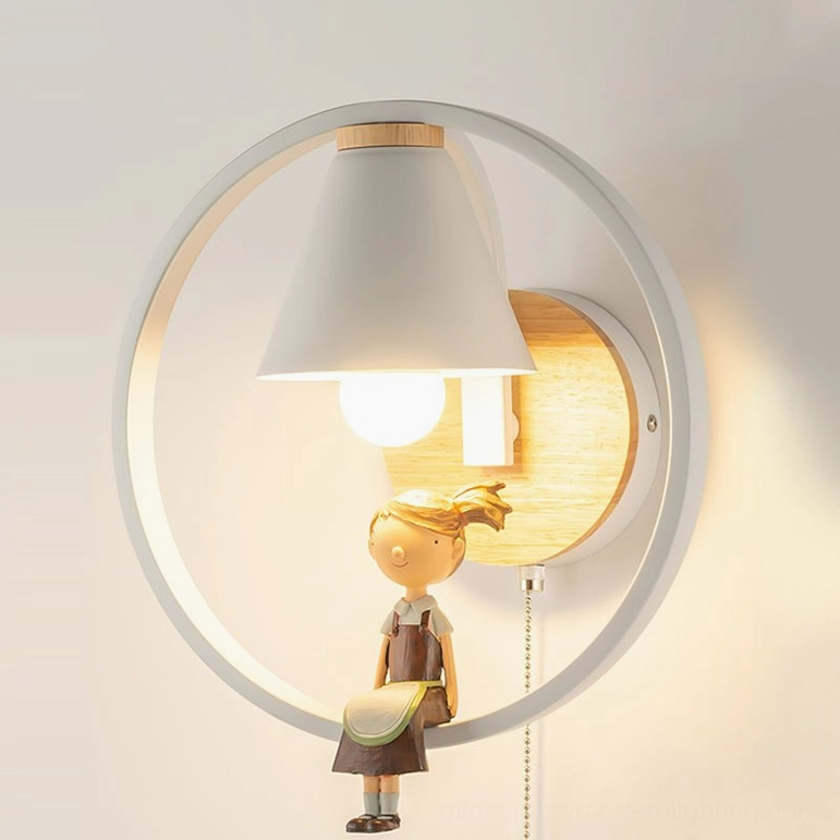 Kona Model C wall lamp with wooden figurine accent, white metal ring frame mounted on interior wall