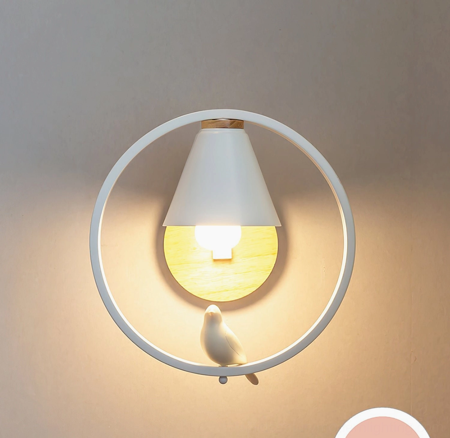 Kona wall sconce mounted display showing Nordic minimalist aesthetic with natural wood and white metal finish combination