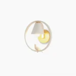 Kona wooden wall sconce with bird figurine accent in white and natural wood, flat lay overhead view on pure white background showcasing minimalist Nordic design