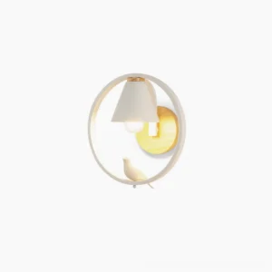 Kona wooden wall sconce with bird figurine accent in white and natural wood, flat lay overhead view on pure white background showcasing minimalist Nordic design