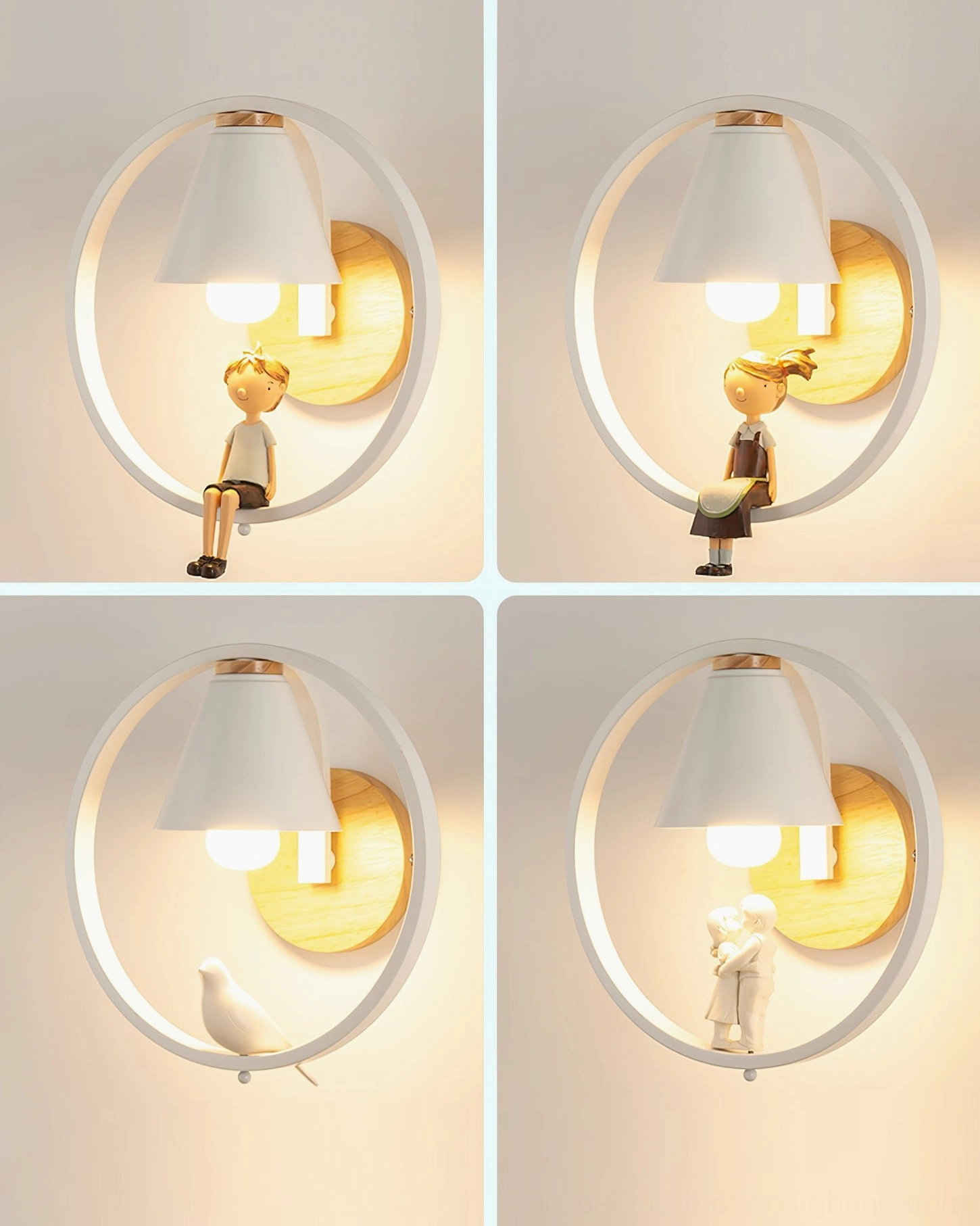 Kona wall sconce collection overview showing multiple figurine models A B C D in grid layout, pure white background product display