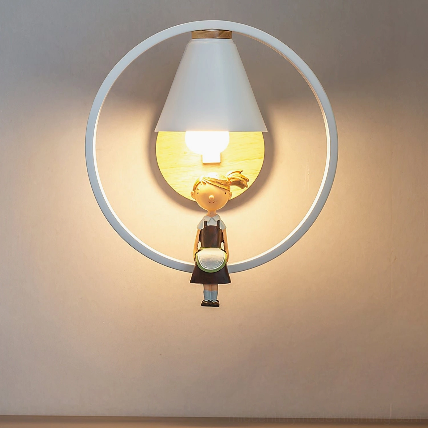 Kona wooden wall sconce front view lighting on, warm glow illumination demonstrating ambient lighting capability