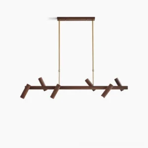 Konnect wood chandelier with walnut finish and brass hardware, front studio view against white background, showcasing minimalist branch design