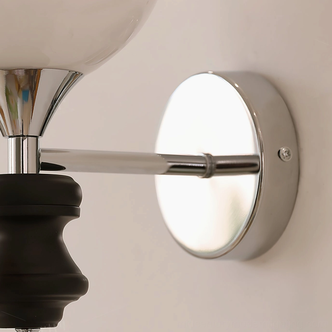Koscina wall mount hardware - polished chrome plate and stainless steel extension arm detail shot
